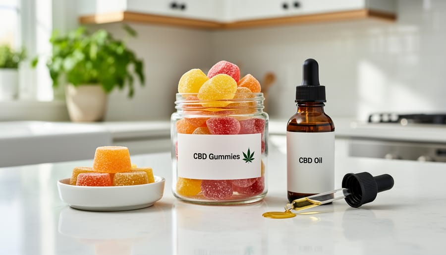 Assorted hemp-derived CBD gummies in a glass jar next to a CBD oil bottle on a kitchen counter