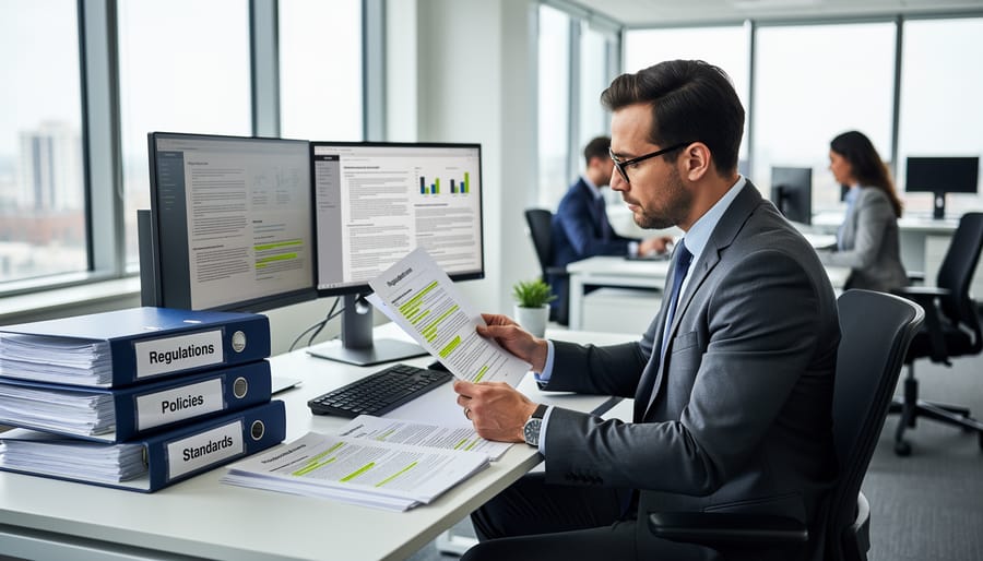 Cannabis compliance officer reviewing regulatory documents and binders on a desk in an office