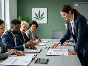 A diverse cannabis compliance team reviews SOP binders and training materials at a conference table in a modern office room.