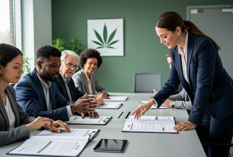 A diverse cannabis compliance team reviews SOP binders and training materials at a conference table in a modern office room.