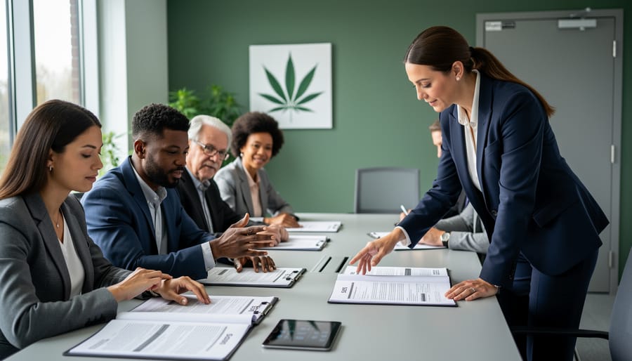 A diverse cannabis compliance team reviews SOP binders and training materials at a conference table in a modern office room.