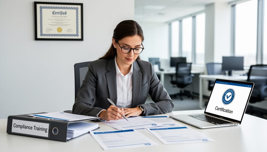 Compliance manager reviewing documents and a laptop screen at a desk with blurred office background.