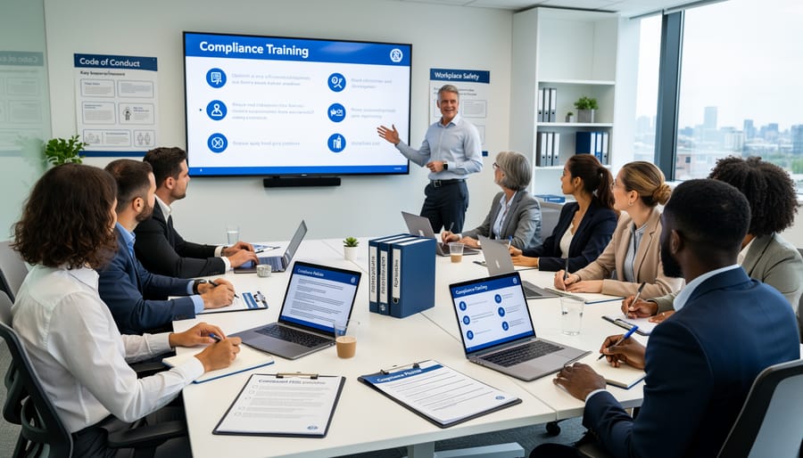 Diverse employees in a training room listening to a facilitator about cannabis compliance