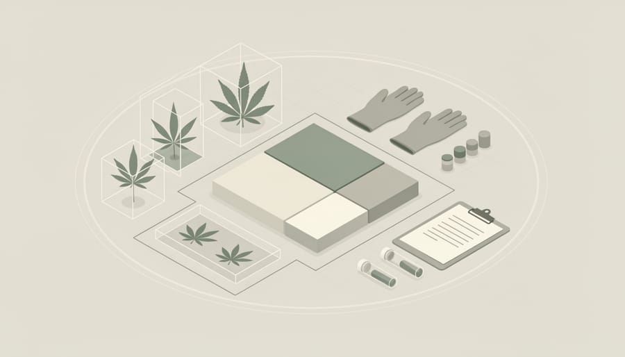Gloved hands holding a measuring scoop beside stainless equipment in a clean cannabis production workspace.