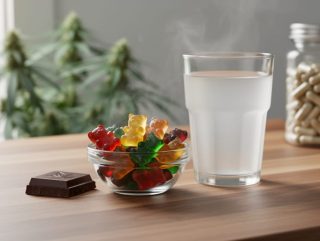 Close-up of hemp-derived CBD gummies, a piece of chocolate, and a beverage on a wooden kitchen counter with blurred hemp plants in the background.