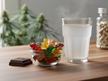 Close-up of hemp-derived CBD gummies, a piece of chocolate, and a beverage on a wooden kitchen counter with blurred hemp plants in the background.