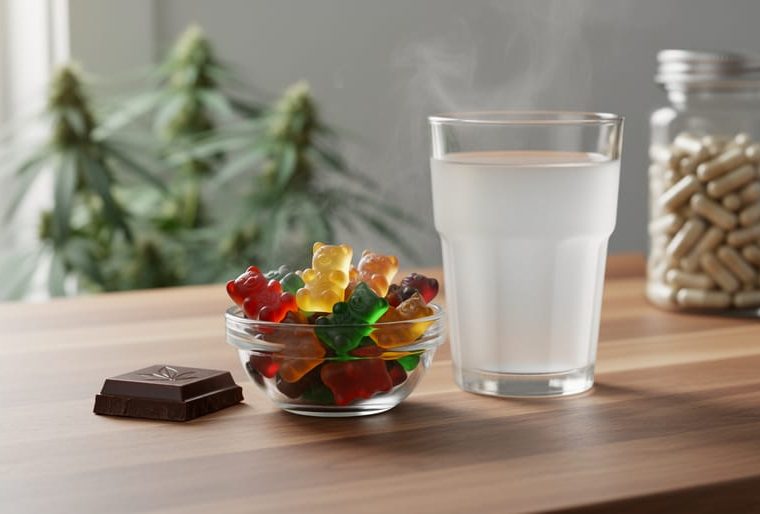 Close-up of hemp-derived CBD gummies, a piece of chocolate, and a beverage on a wooden kitchen counter with blurred hemp plants in the background.
