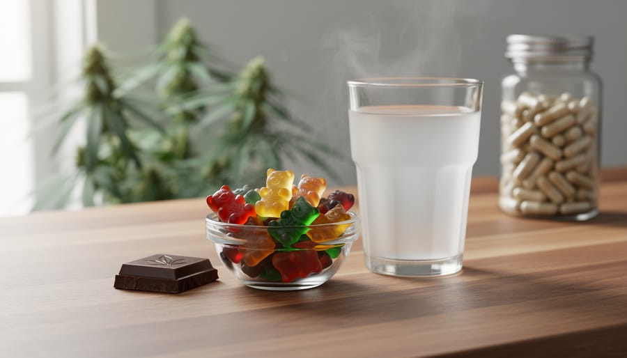 Close-up of hemp-derived CBD gummies, a piece of chocolate, and a beverage on a wooden kitchen counter with blurred hemp plants in the background.