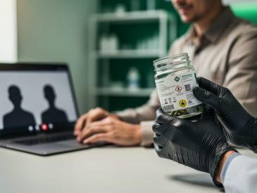 Person in business-casual attire using a laptop while holding a sterile cannabis sample jar and compliance kit in a clean modern workspace.