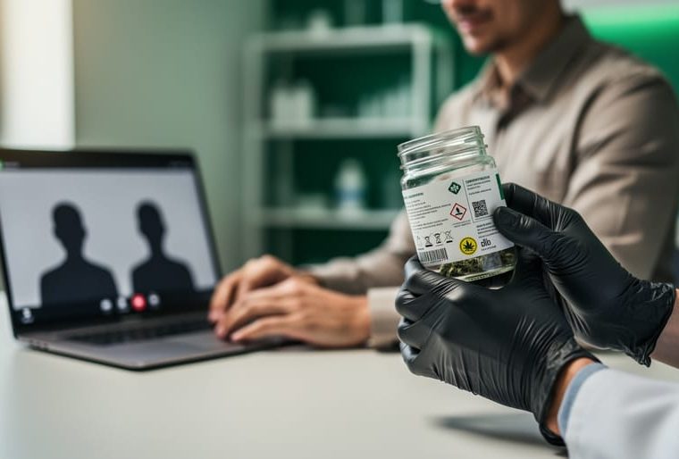 Person in business-casual attire using a laptop while holding a sterile cannabis sample jar and compliance kit in a clean modern workspace.