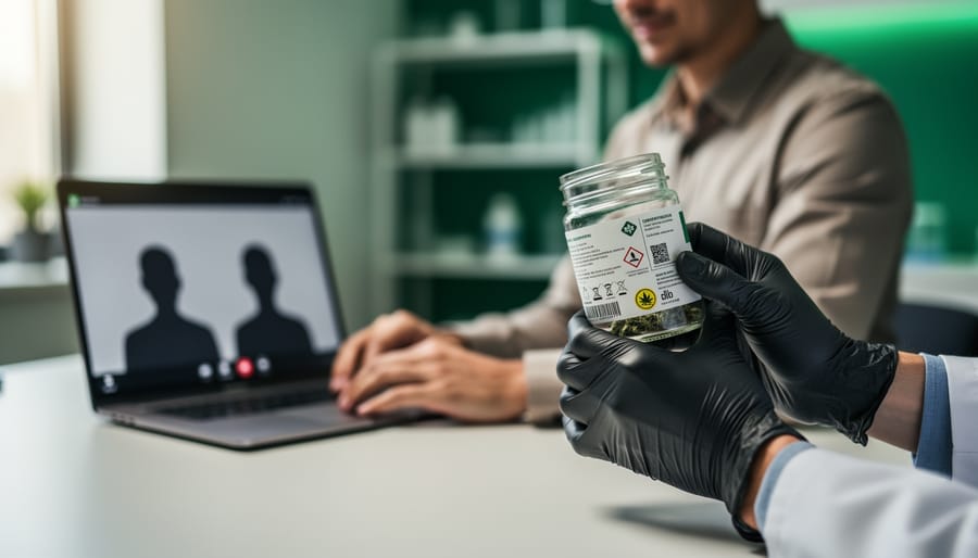 Person in business-casual attire using a laptop while holding a sterile cannabis sample jar and compliance kit in a clean modern workspace.