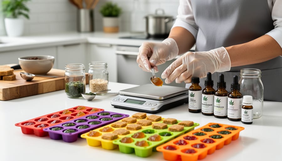 Overhead view of a person using a wooden spoon and silicone mold to portion homemade CBD edibles in a kitchen