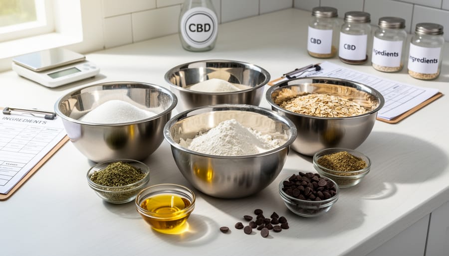 Stainless-steel mixing bowls and edible ingredients in a clean preparation area