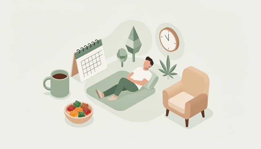Tray of hemp-derived CBD edibles on a table next to a mug in a calm living room wellness scene