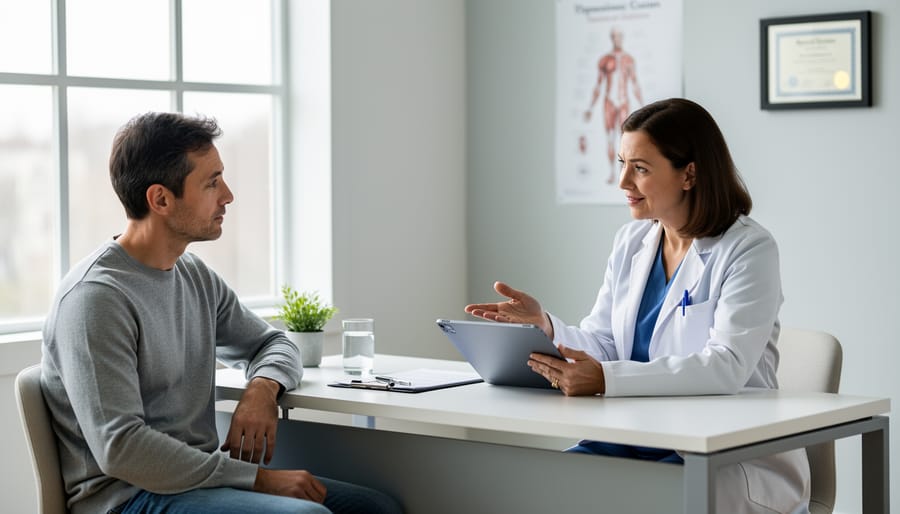 Clinician consulting with a patient in a calm wellness clinic room