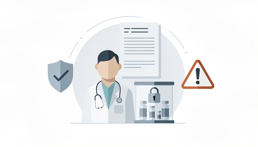 Compliance paperwork folder and stethoscope on a desk with a blurred courtroom doorway in the background