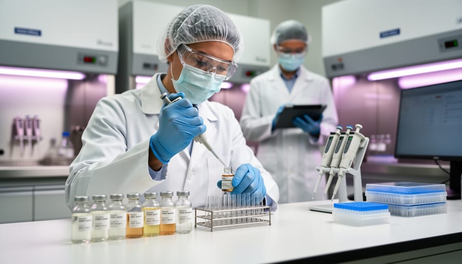 Gloved hands holding a small vial and sealed research powder container in a clean laboratory workspace