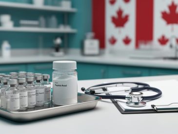 Research vials and a peptide container on a laboratory bench with compliance-related items, photographed in a clean modern setting.