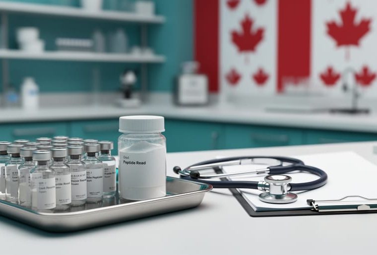 Research vials and a peptide container on a laboratory bench with compliance-related items, photographed in a clean modern setting.