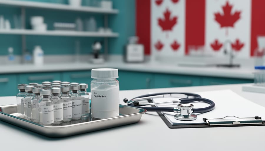 Research vials and a peptide container on a laboratory bench with compliance-related items, photographed in a clean modern setting.