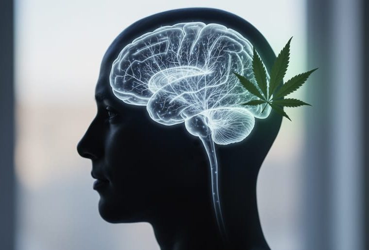 Head silhouette with faint glowing neural pathways and a subtle green cannabis leaf light near the temple, representing cannabis effects on memory.