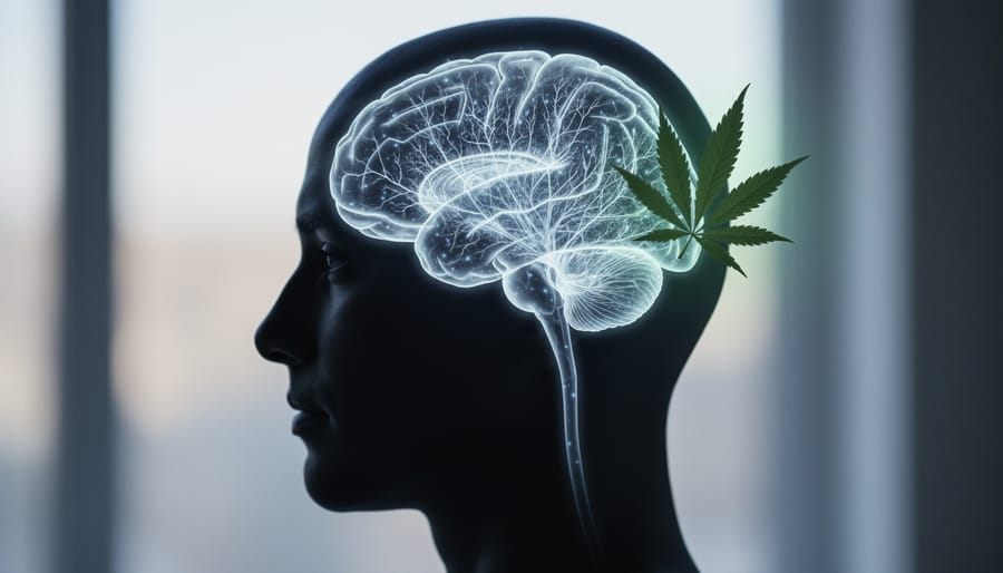 Head silhouette with faint glowing neural pathways and a subtle green cannabis leaf light near the temple, representing cannabis effects on memory.