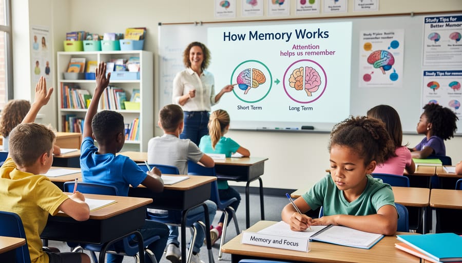 Students sitting in a classroom while an instructor stands nearby with a blank whiteboard