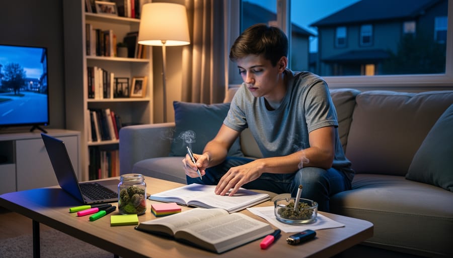 Person at a kitchen table with a notepad and pen while cannabis flower is visible nearby