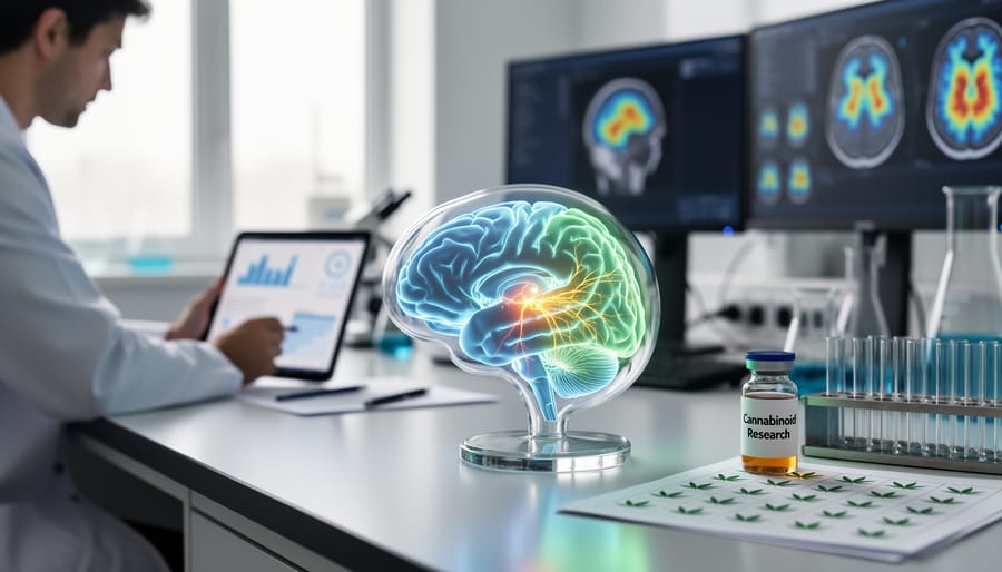 Close-up of an open scientific journal next to a unlabeled translucent brain model on a desk
